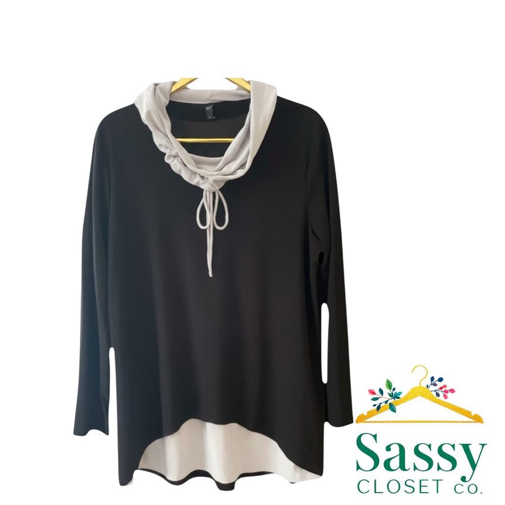 BY JJ Black Gray Relaxed Hoodie Tunic Top L Casual Athleisure